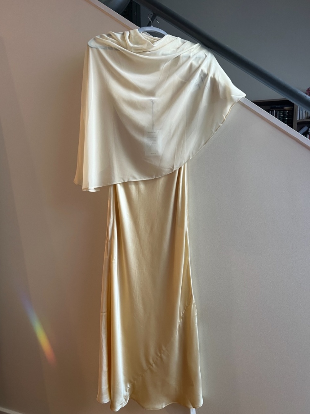 Reformation Champagne Satin Slip Dress with Sheer Ivory Cape - Picture 3 of 7